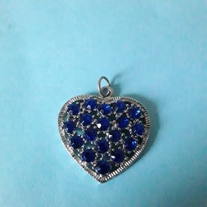 Heart Pendant Silvertone Sapphire Blue Color Rhinestones